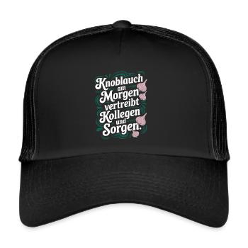 Knoblauch am Morgen - Knobi Kollegen Geschenk - Trucker Cap - Schwarz/Schwarz - Vorne
