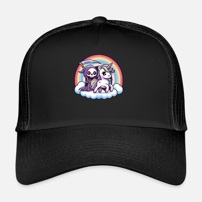 Niedliches Sensenmann und Einhorn Regenbogen - Trucker Cap - Schwarz/Schwarz