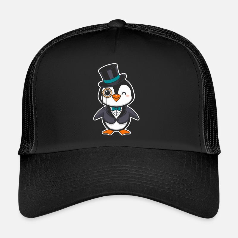 Pingouin élégant avec chapeau haut de forme et monocle Casquette trucker 