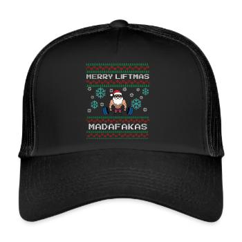 Merry Liftmas Lustiger Spruch mit Ugly Christmas - Trucker Cap - Schwarz/Schwarz - Vorne
