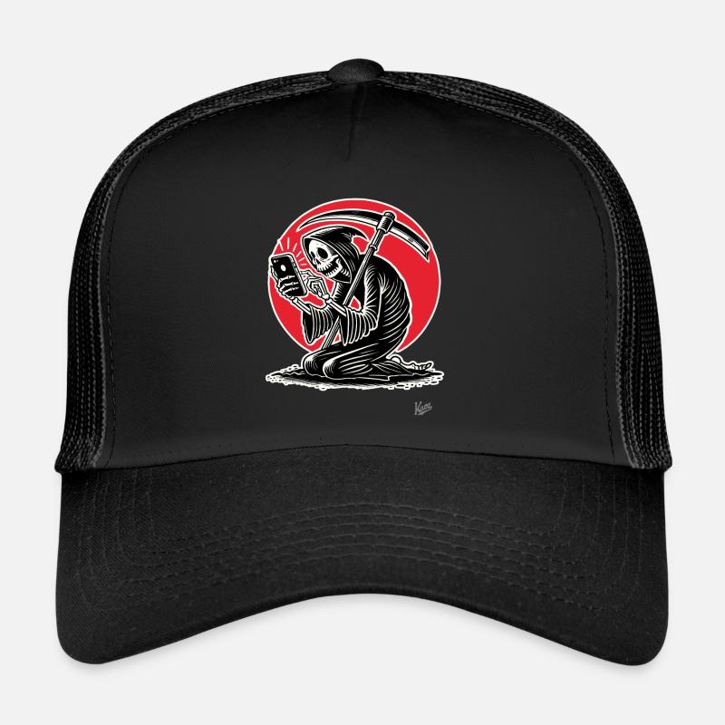 Sensenmann als Doom-Scroller und Smartphone-Zombie - Trucker Cap - Schwarz/Schwarz