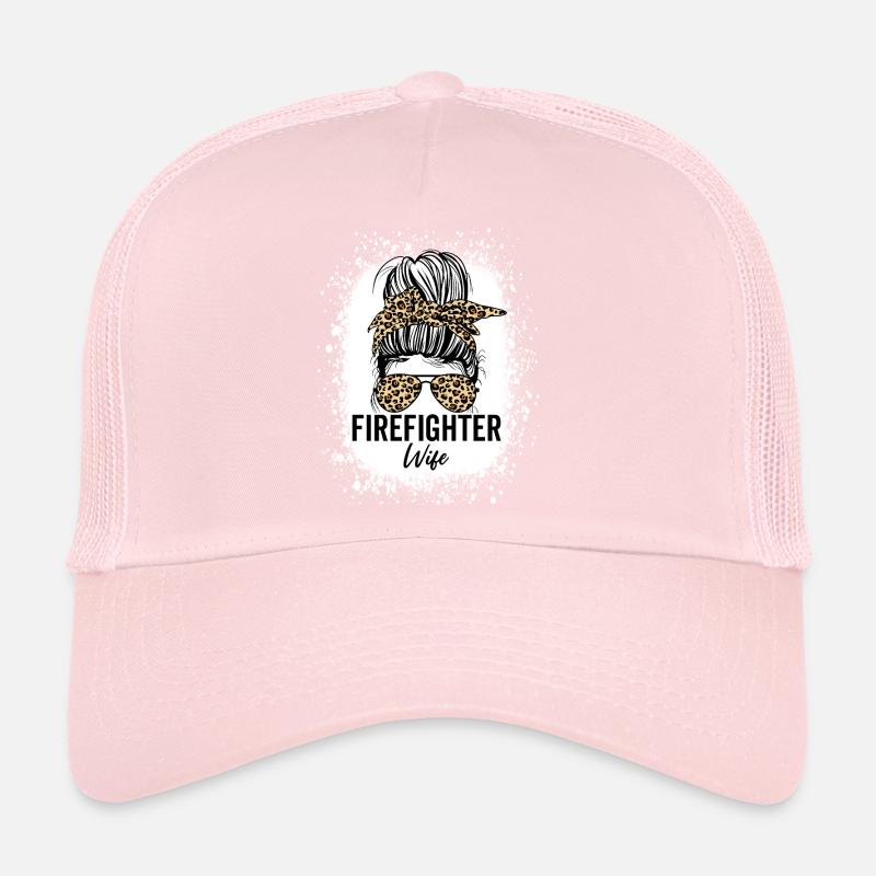 Firefighter Wife Messy Bun Red Line Leopard Trucker Cap