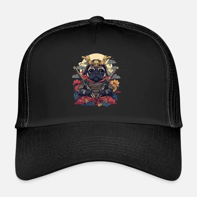 Samurai Pug Warrior with Swords and Flowers Trucker Cap