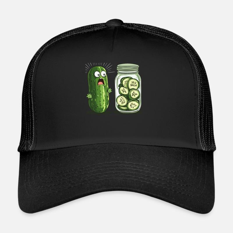 Surprised cucumber looking at cucumber jar humor Trucker Cap