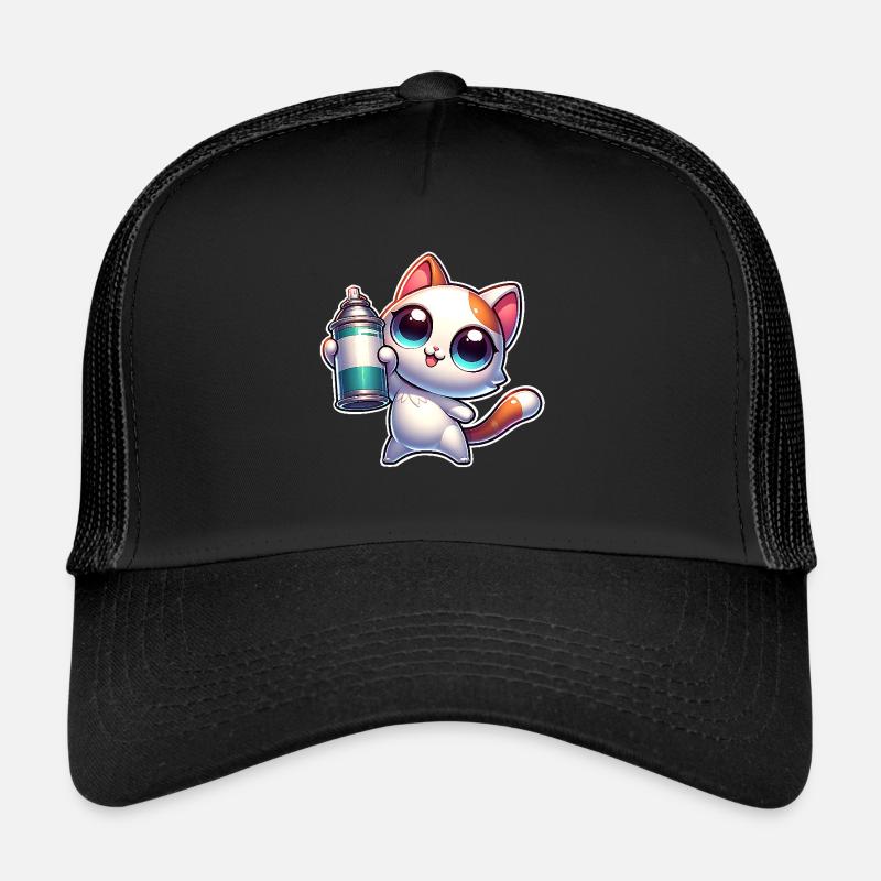 Katze Sprühdose Graffiti - Trucker Cap - Schwarz/Schwarz