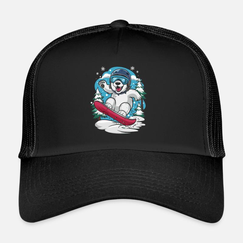 Snowboarding polar bear in the winter forest Trucker Cap