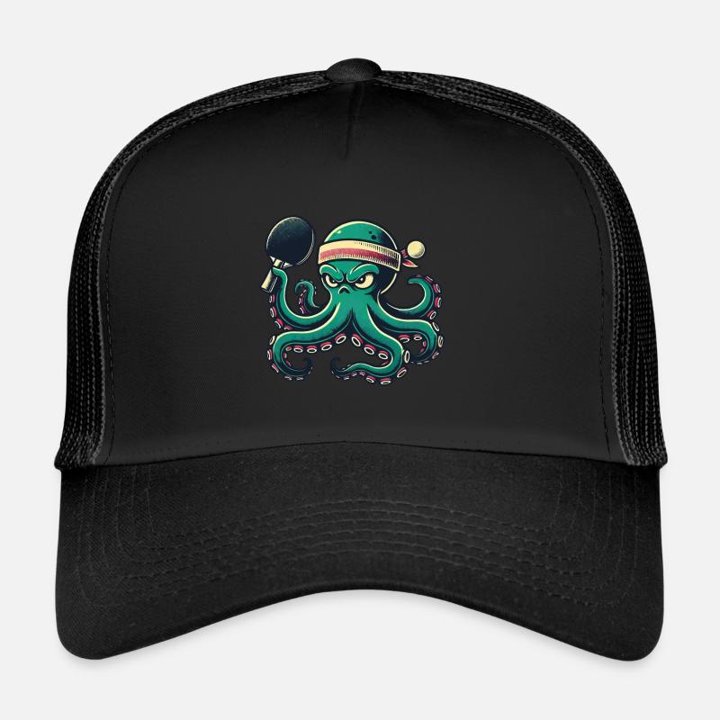 Funny Table Tennis Octopus Cartoon With Racket Trucker Cap