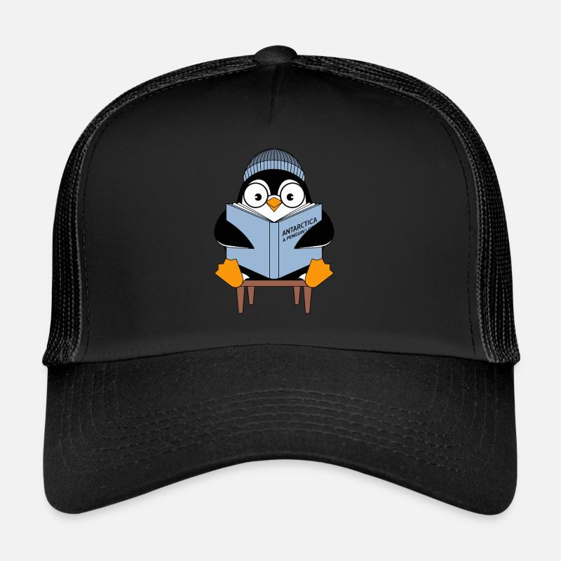 Cute penguin with book 'Antarctica: A Penguin Trucker Cap