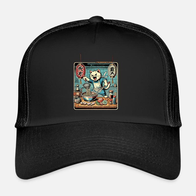 Ramen Nudeln Katze Kawaii Retro Ukiyo-E - Trucker Cap - Schwarz/Schwarz