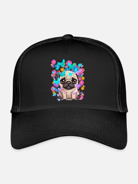Chien Chiens Carlin Printemps Fleurs Papillons - Casquette trucker  - noir/noir - Devant
