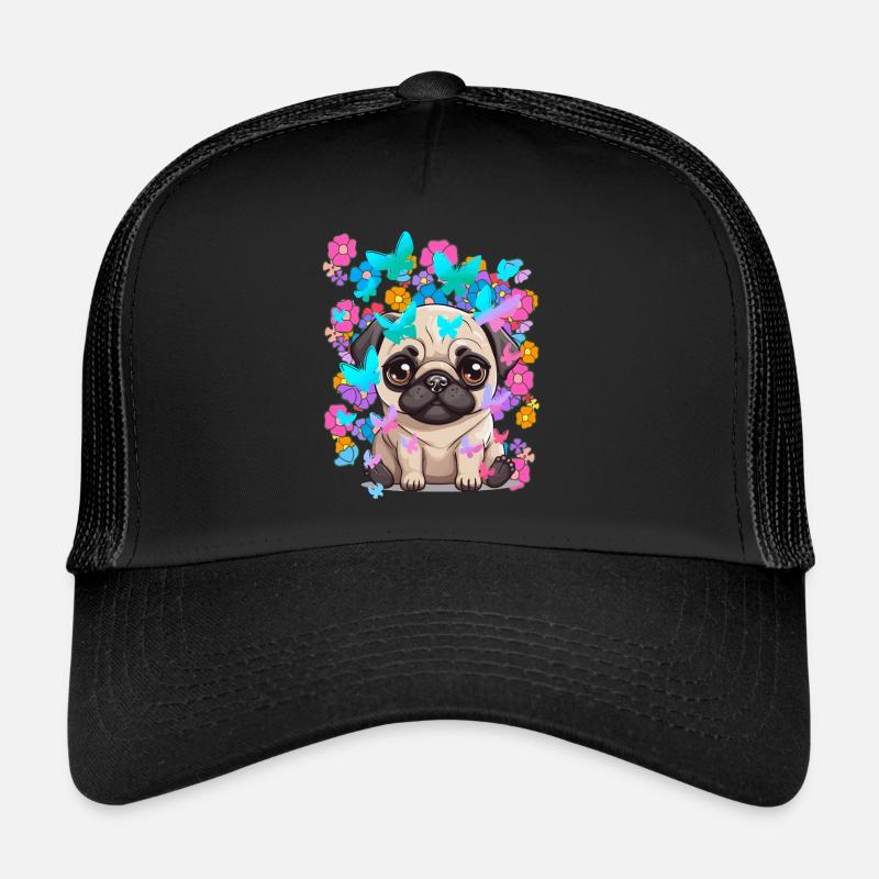 Chien Chiens Carlin Printemps Fleurs Papillons Casquette trucker 
