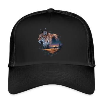 Luchs in der Wildnis – Mystische Naturkunst - Trucker Cap - Schwarz/Schwarz - Vorne