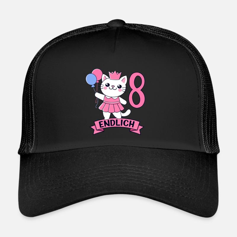 Katze Geburtstagsmotiv Endlich 8 Jahre Mädchen - Trucker Cap - Schwarz/Schwarz