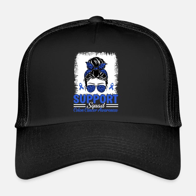 Support Squad Messy Bun Blue Ribbon Colorectal Trucker Cap