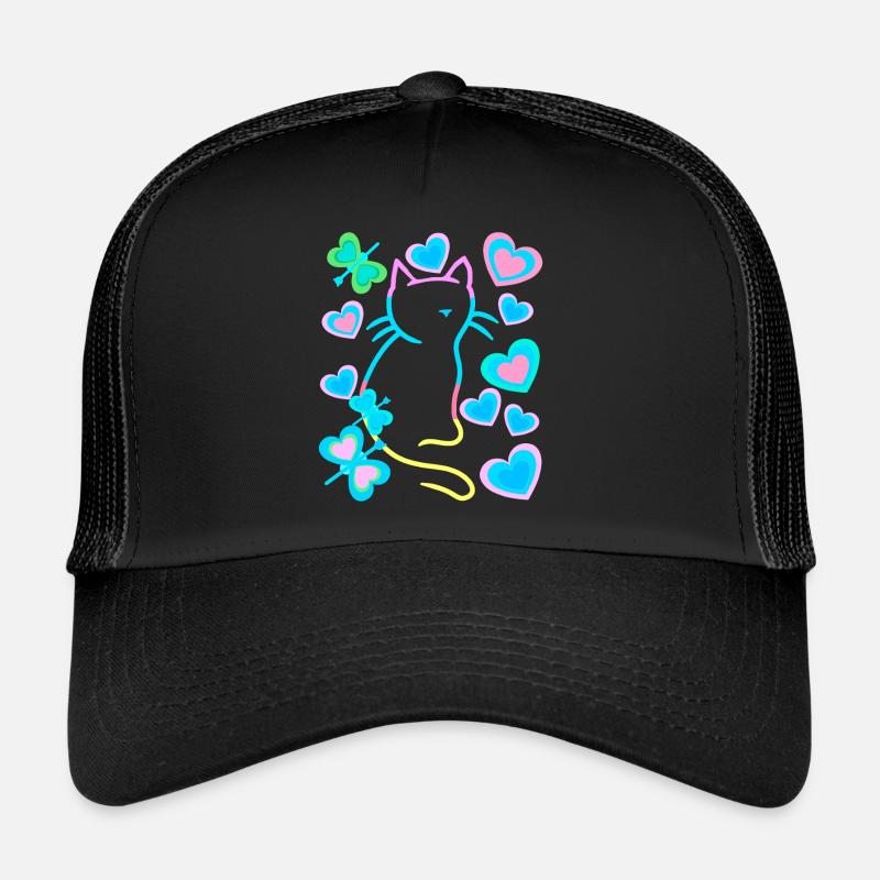 Retro Katze Katzen - Trucker Cap - Schwarz/Schwarz