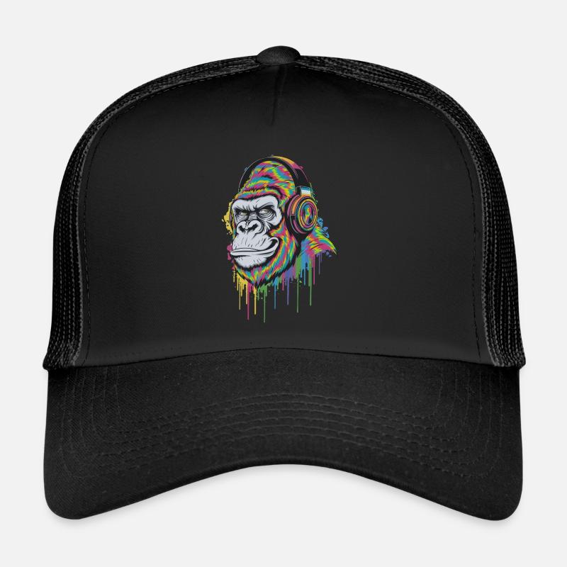 Gorille coloré avec des écouteurs, mélomane - Casquette trucker  - noir/noir