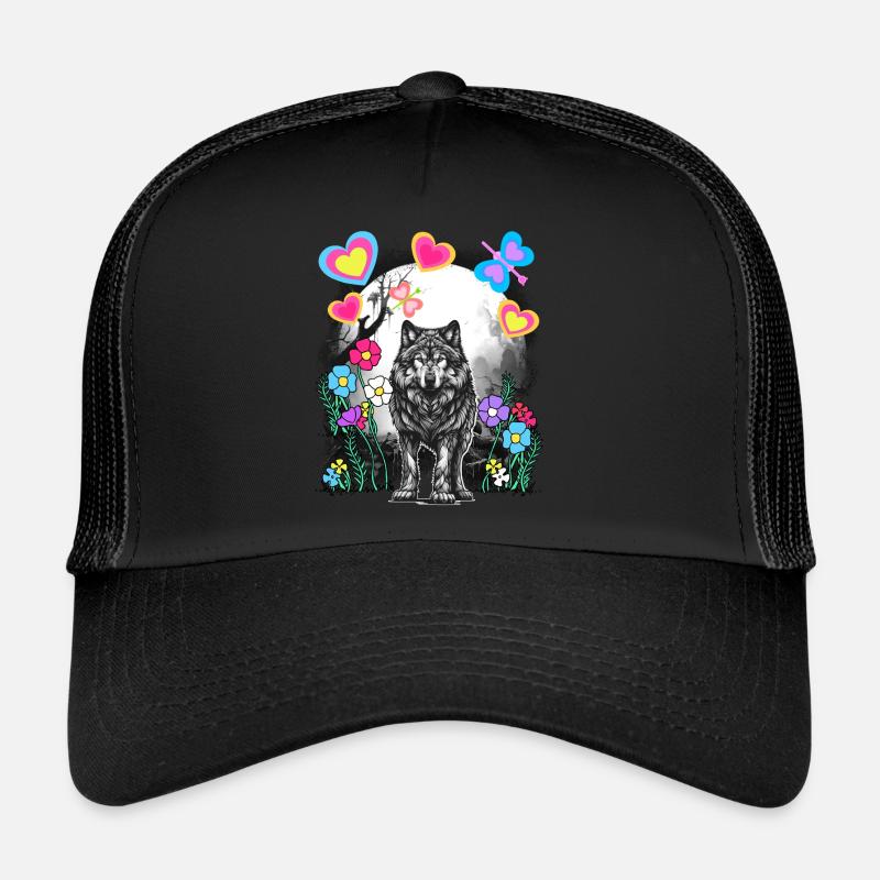 Retro Wolf Wölfe Märchen Märchenfigur Vintage - Trucker Cap - Schwarz/Schwarz