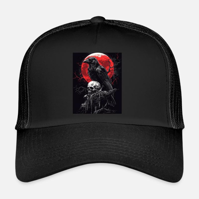 Raven Skull Moon Dark Gothic Black Crow Trucker Cap