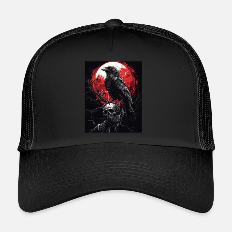 Raven Skull Moon Dark Gothic Black Crow Trucker Cap