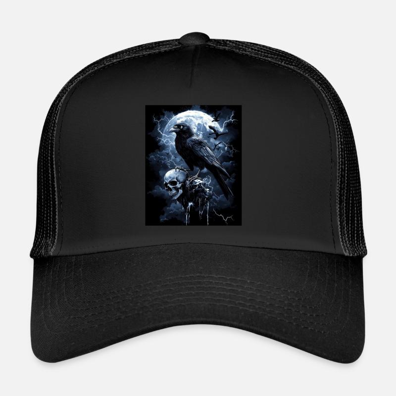 Raven Skull Moon Dark Gothic Black Crow Trucker Cap