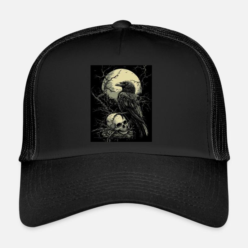 Corbeau Crâne Lune Gothique Noir Corbeau Casquette trucker 