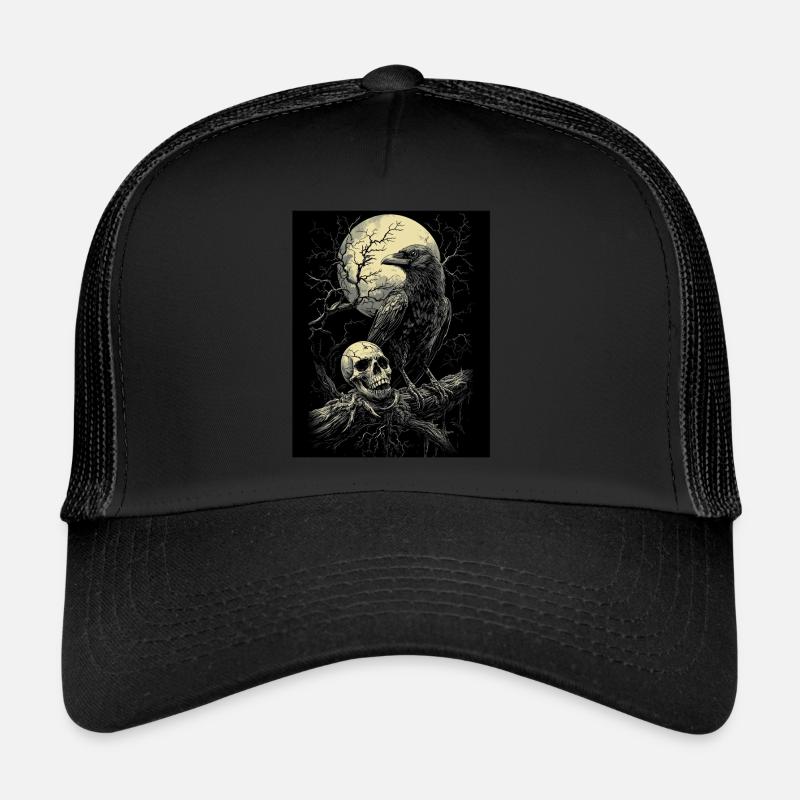 Corbeau Crâne Lune Gothique Noir Corbeau Casquette trucker 
