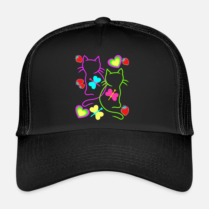 Retro Katzen Erdbeer Sommer 80er Katze Vintage - Trucker Cap - Schwarz/Schwarz