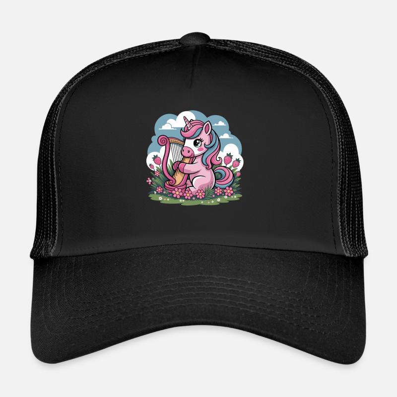 Einhorn Mit Harfe Und Erdbeeren Im Blumenfeld - Trucker Cap - Schwarz/Schwarz