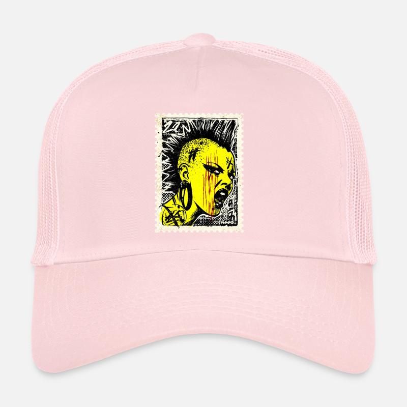 Wild punk woman with mohawk and anger on postage stamp Trucker Cap