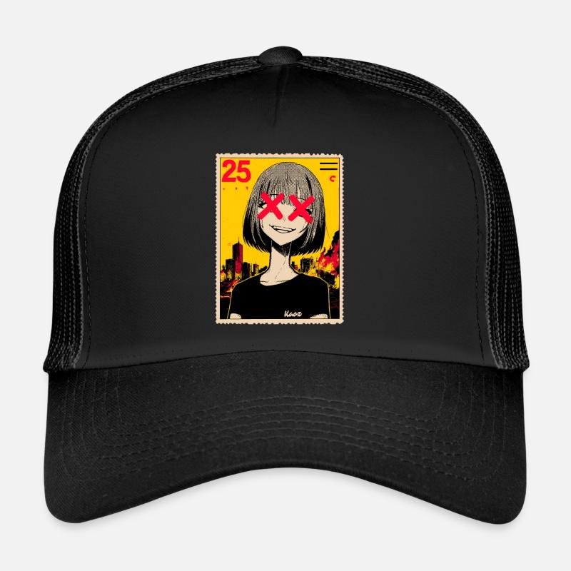 Fille japonaise X-eyes devant la ville en feu Casquette trucker 