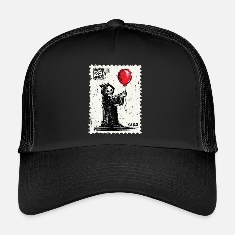 Briefmarke-Design Sensenmann mit rotem Ballon Trucker Cap