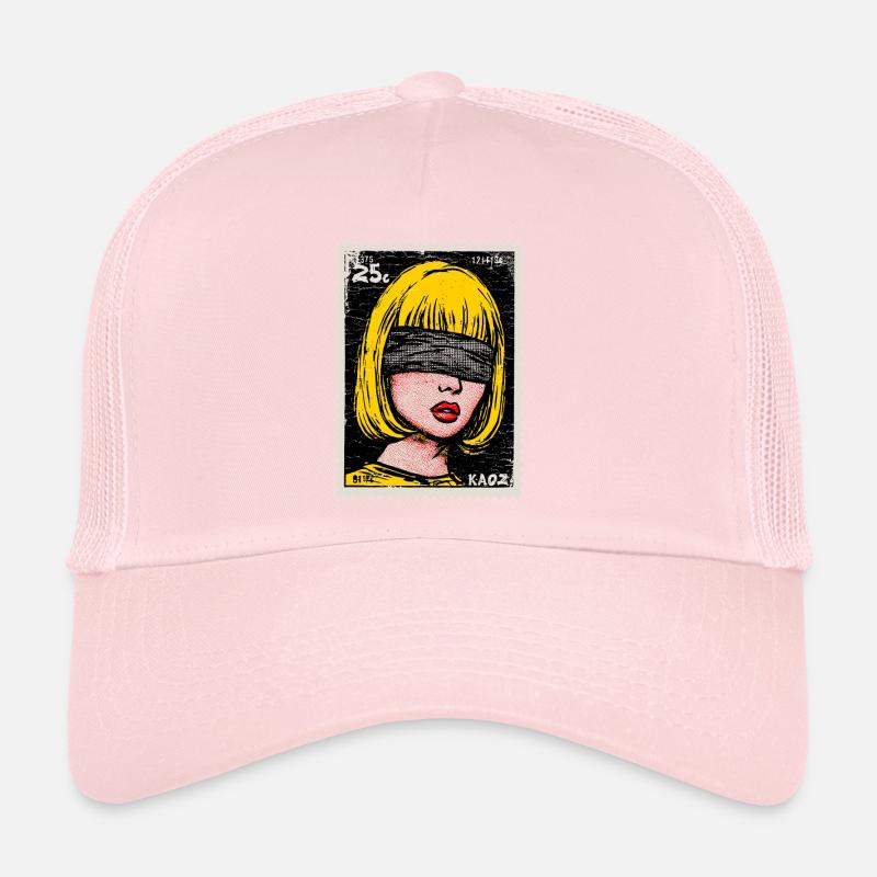 Woman with blindfold in pop art stamp Trucker Cap