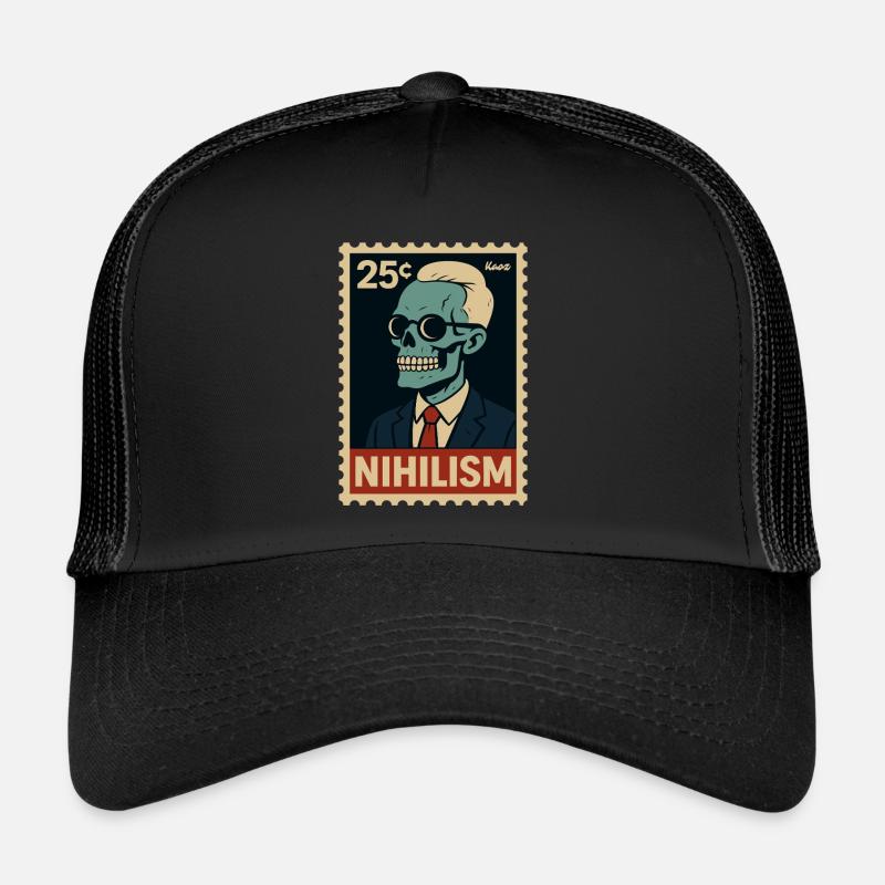 Nihilism Postage Stamp – Skeleton in Suit Trucker Cap
