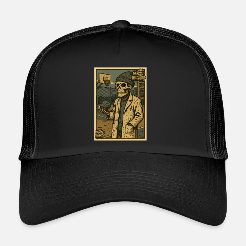 Squelette avec cerveau sur un terrain de basket Casquette trucker 