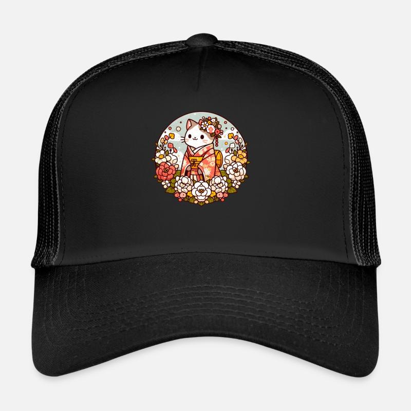 Kimono chat avec des fleurs Casquette trucker 