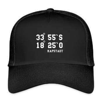 Kapstadt Koordinaten Südafrika Cape Town Urlaub - Trucker Cap - Schwarz/Schwarz - Vorne