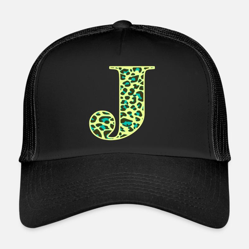 Lettre J initiale lettre initiales Léopard Léo - Casquette trucker  - noir/noir