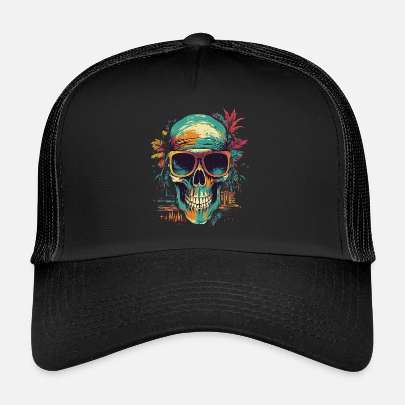 Crâne tropical avec lunettes de soleil avec fleurs Casquette trucker 