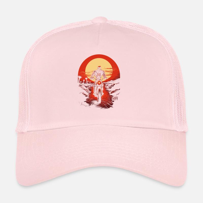 Skeleton on motorcycle in gloomy sunset Trucker Cap