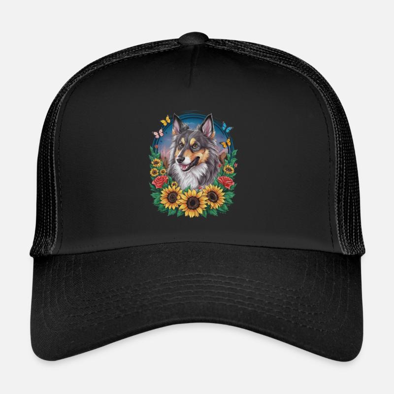 Norwegian Elkhound with Roses, Butterflies Trucker Cap