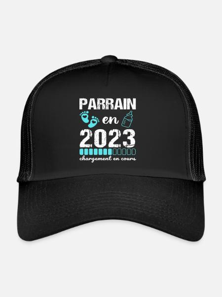 Parrain en 2023 annonce naissance bébé cadeau - Casquette trucker  - noir/noir - Devant