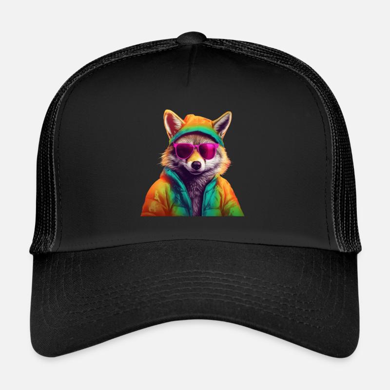Fuchs mit Sonnenbrille Bunt Coole Füchse Waldtier - Trucker Cap - Schwarz/Schwarz