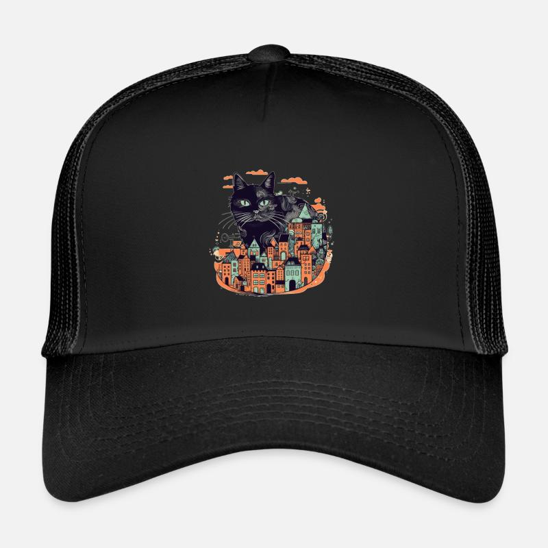 Chat noir assis devant une ville colorée Casquette trucker 