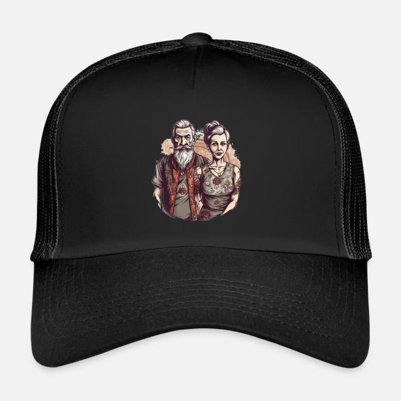 Couple de bestagers cool avec barbe et tatouages Casquette trucker 