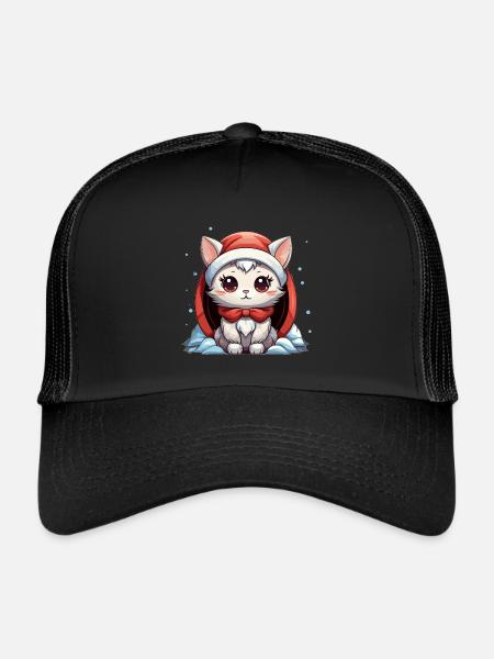 Design de Noël de chat - Style Kawaii - Casquette trucker  - noir/noir - Devant