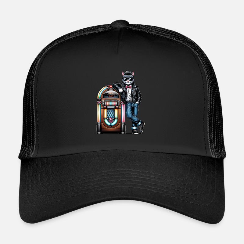 Rockabilly Cat debout devant un juke-box des années 80. Casquette trucker 
