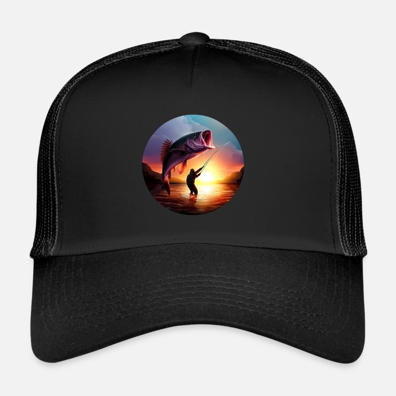 Angler with giant fish sunset Trucker Cap