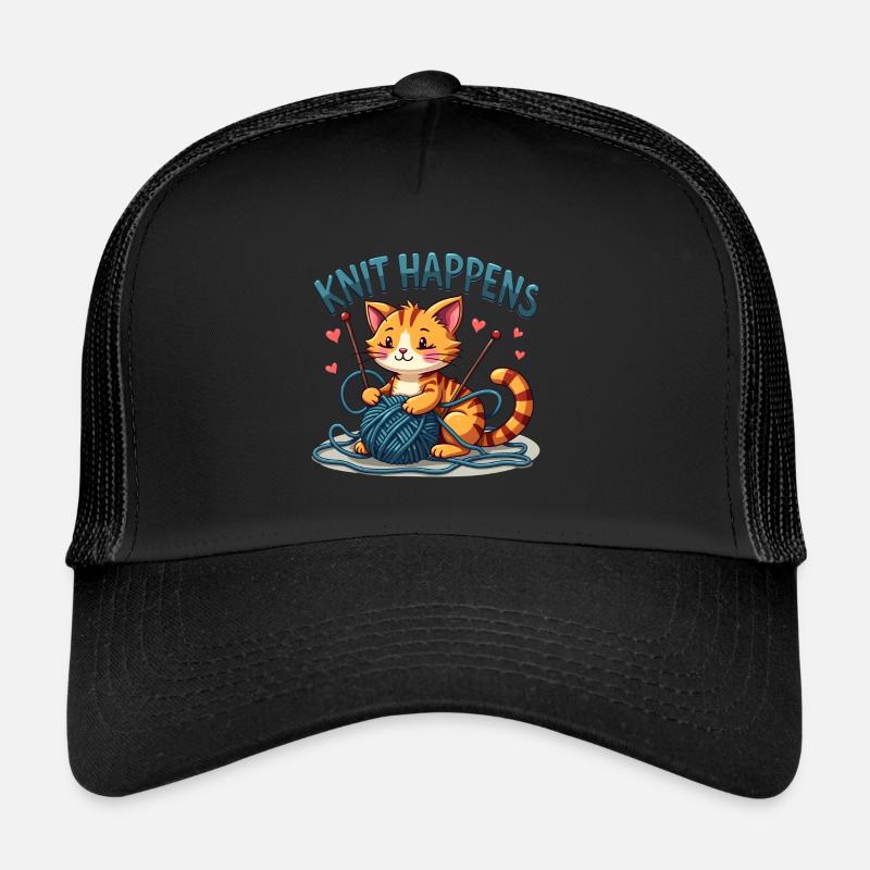 Knit Happens - Knitting Red Cat with Yarn Trucker Cap
