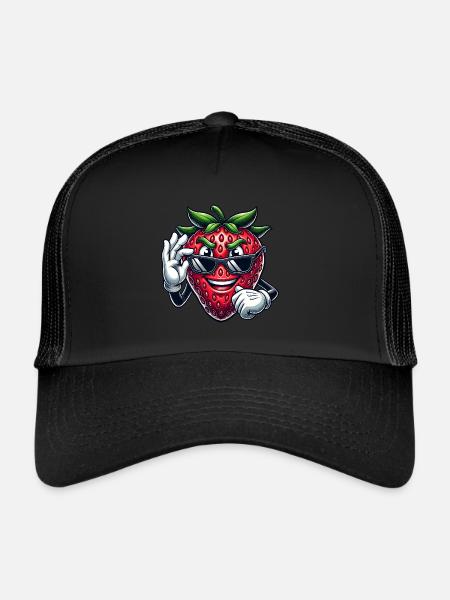 Cool Strawberry Fruit Comic with Sunglasses - Trucker Cap - black/black - Front