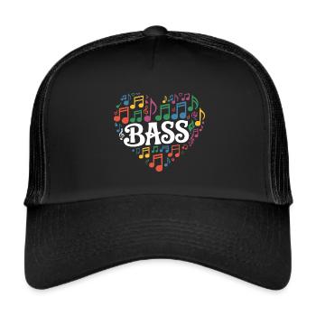 Herz und Bass. Herz aus Musiknoten und Bass - Trucker Cap - Schwarz/Schwarz - Vorne